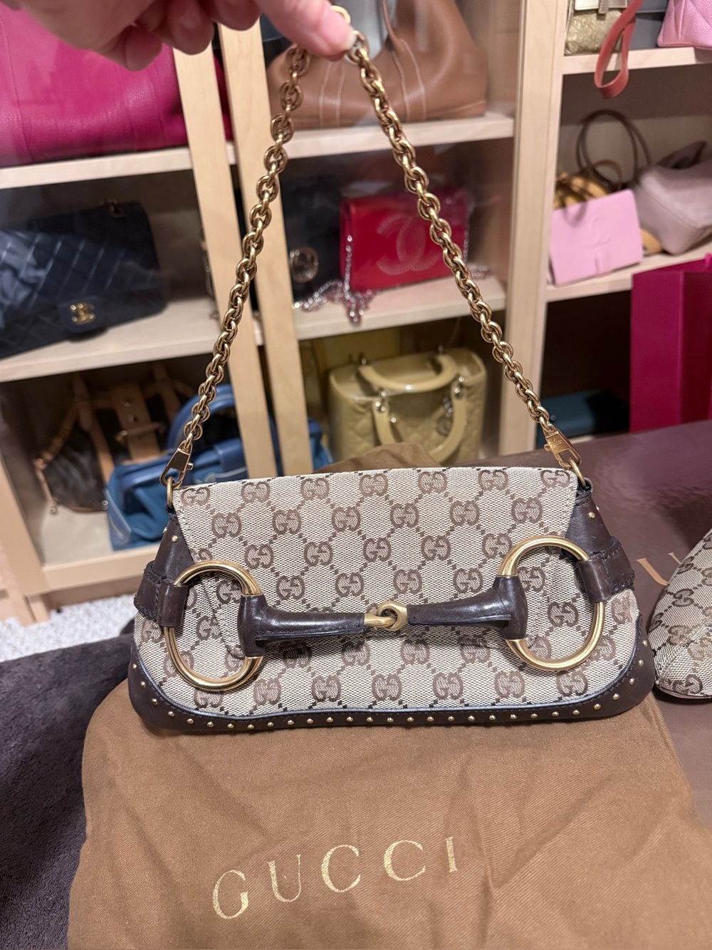 Gucci Beige Ebony GG Canvas Horsebit Chain Clutch Bag